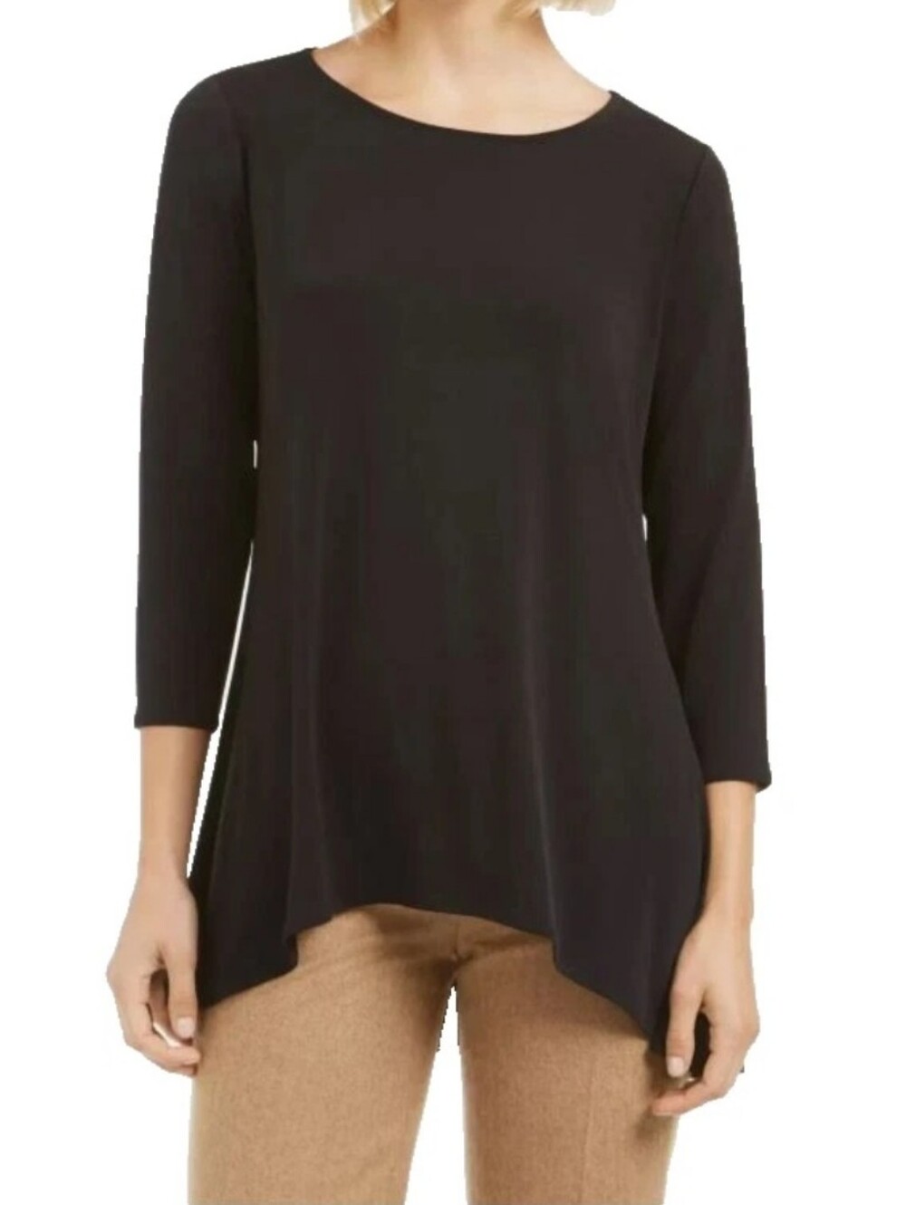 Alfani Black Swing Top Asymmetrical Hem 3/4 Sleeve Stretch Comfort Sz XS